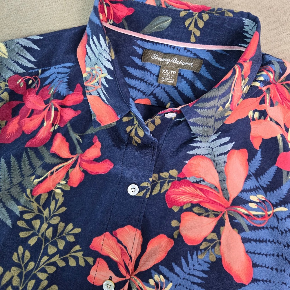 Tommy Bahama Womens XS 100% Silk Tropical Floral Fern Button Down Shirt Navy